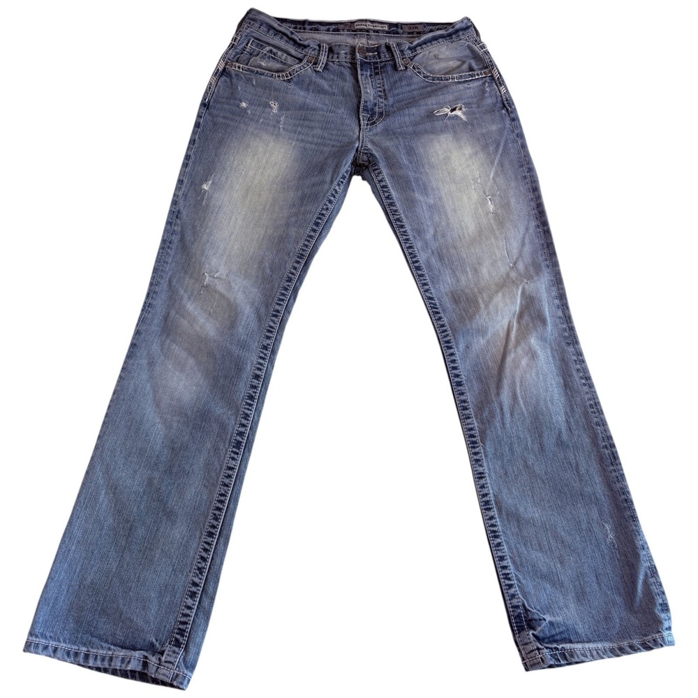 Buckle BKE Derek Jeans Mens 32 Blue Denim Logo Authentic Straight Leg Distressed